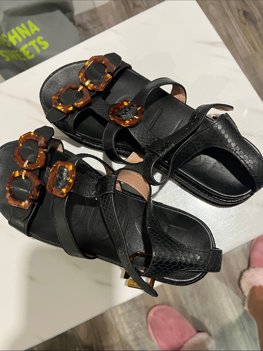 Louis Vuitton Black Leather Sandals with Tortoiseshell Buckles
